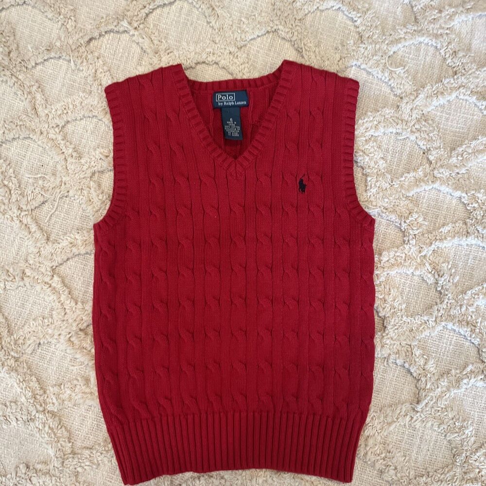Ralph Lauren Red Cable-Knit V-Neck Sweater Vest